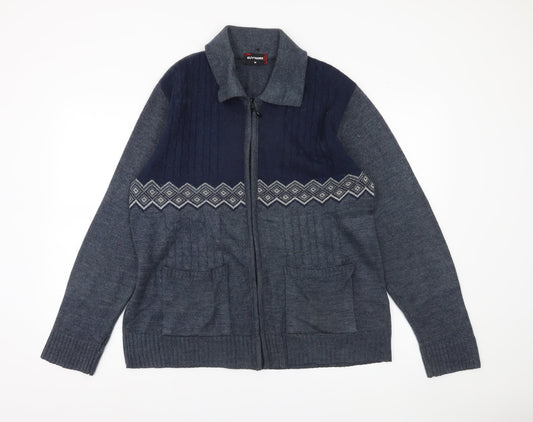 GUV'NORS Men's Blue Geometric Cable Knit Zip Cardigan Jumper M