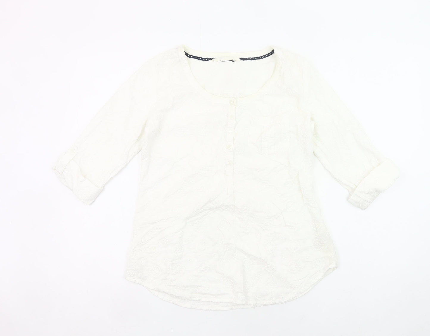 Fat Face Womens White Cotton Tunic Blouse Size S 3/4 Sleeve Scoop Neck