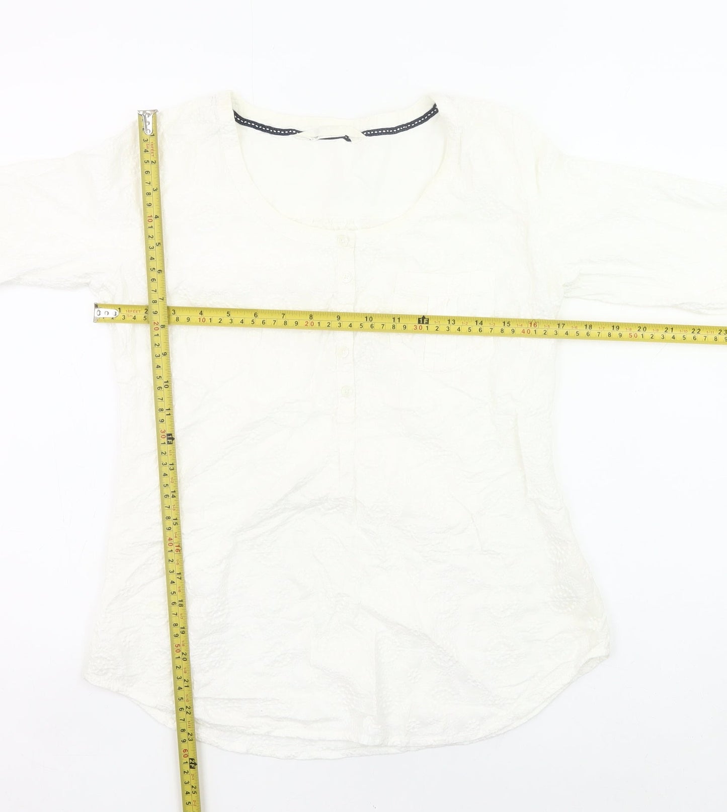 Fat Face Womens White Cotton Tunic Blouse Size S 3/4 Sleeve Scoop Neck