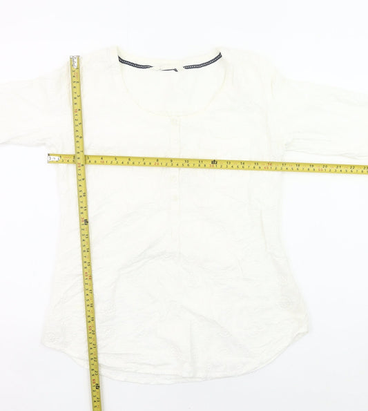 Fat Face Womens White Cotton Tunic Blouse Size S 3/4 Sleeve Scoop Neck