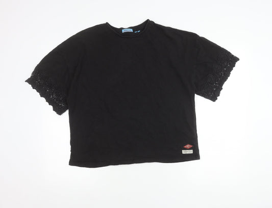 Superdry Womens Black Cotton Crochet Sleeve Relaxed T-Shirt Size 16