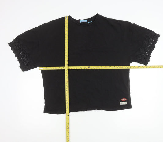 Superdry Womens Black Cotton Crochet Sleeve Relaxed T-Shirt Size 16