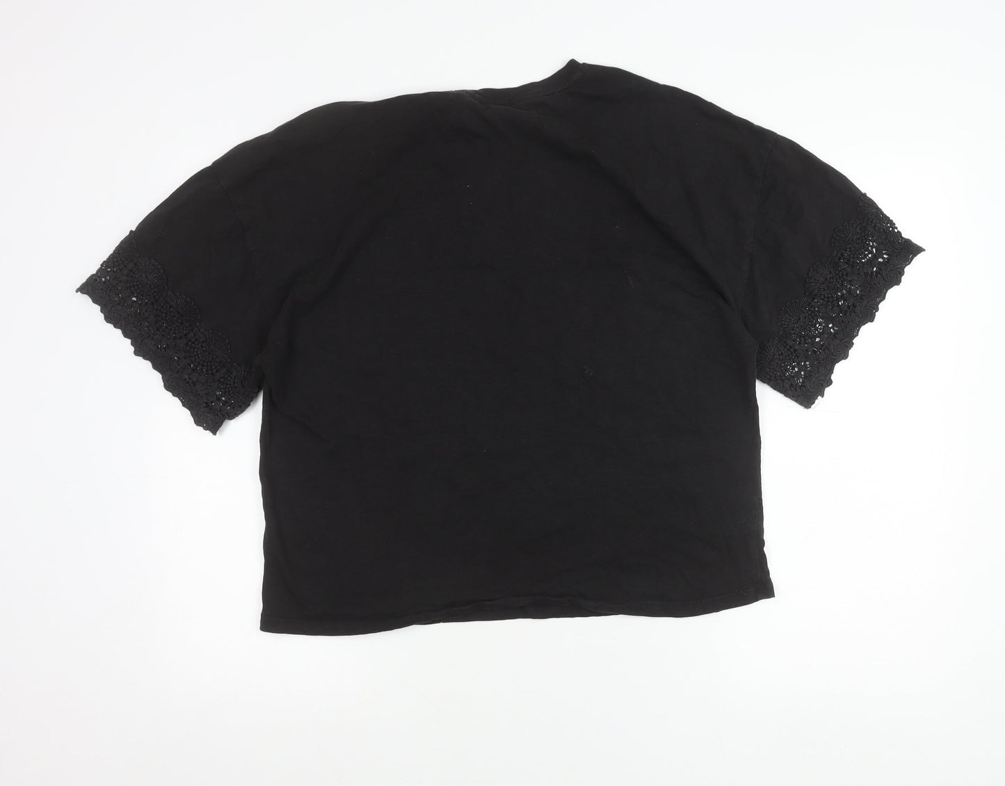 Superdry Womens Black Cotton Crochet Sleeve Relaxed T-Shirt Size 16
