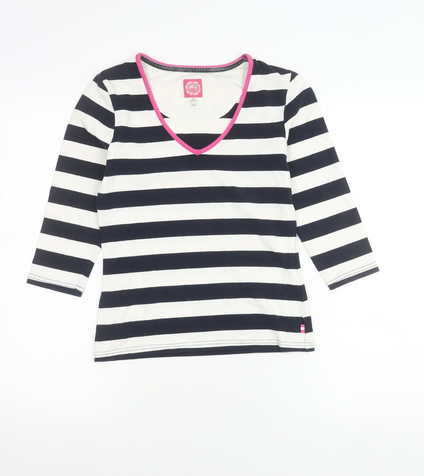 Joules Womens Blue White Striped V-Neck 3/4 Sleeve Cotton T-Shirt Size 10
