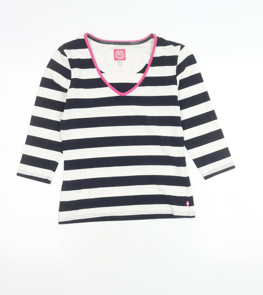 Joules Womens Blue White Striped V-Neck 3/4 Sleeve Cotton T-Shirt Size 10
