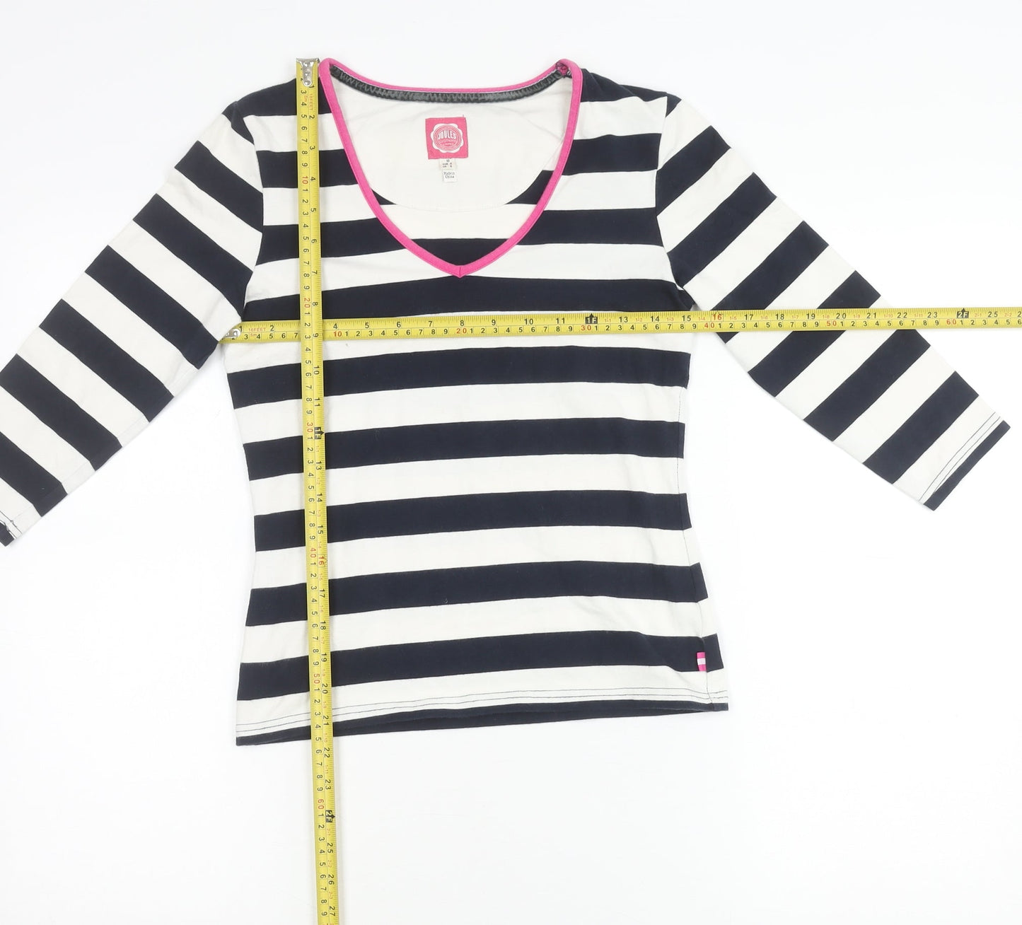 Joules Womens Blue White Striped V-Neck 3/4 Sleeve Cotton T-Shirt Size 10