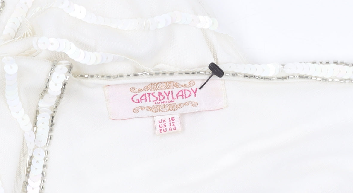 Gatsbylady London Women White Sequin Beaded 20s Sheath Dress Size 16