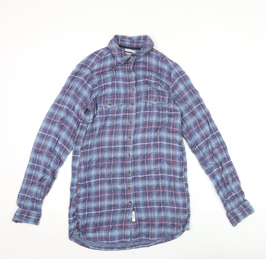 FatFace Womens Blue Plaid Cotton Button-Up Shirt Size 6 Long Sleeve