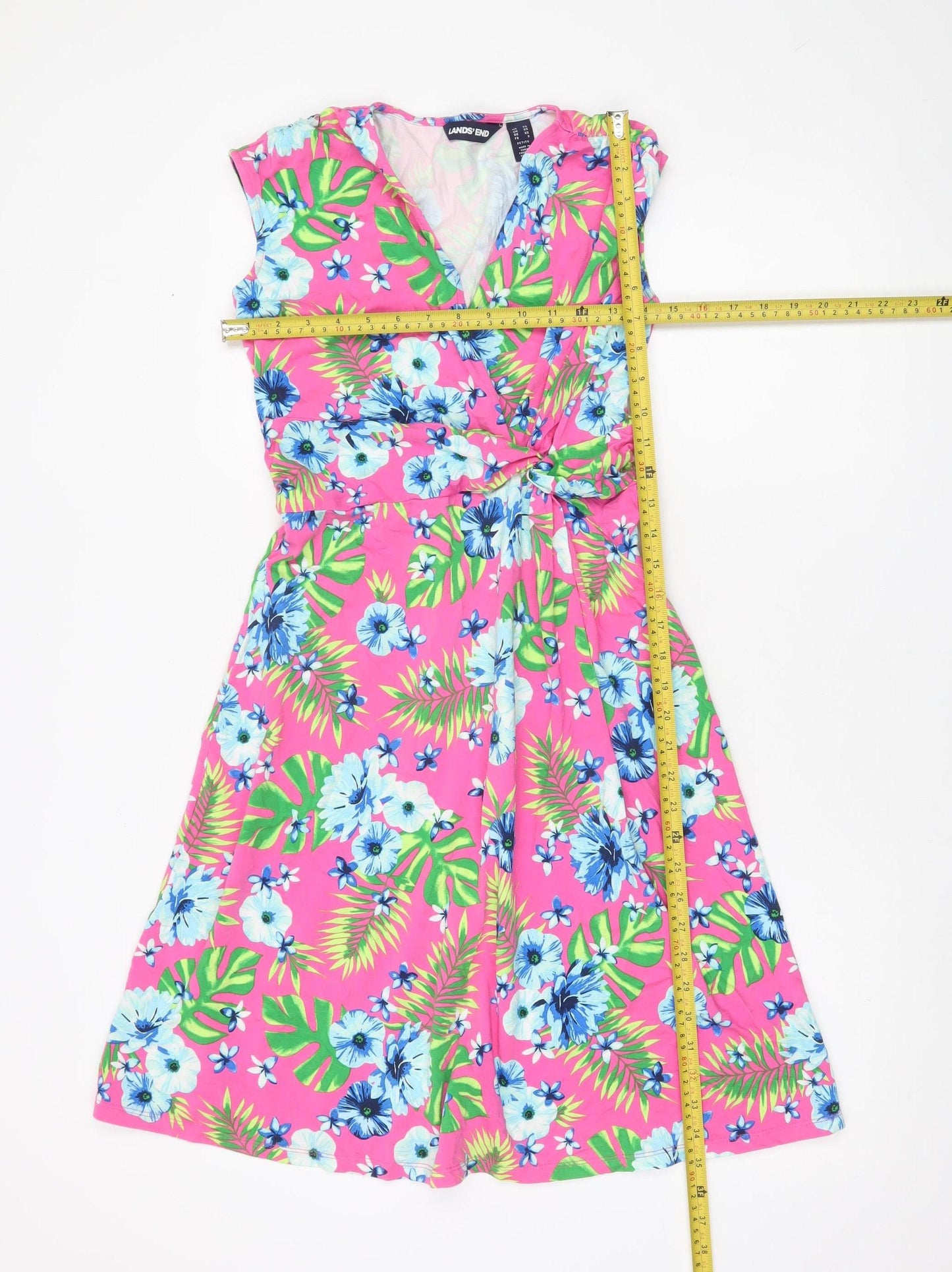 Lands' End Women’s Pink Floral Wrap Dress XS Petite Knee Length Cotton Blend