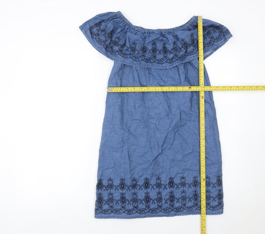 Denim Co Women Blue Cotton Embroidered Off Shoulder Shift Dress Size 10