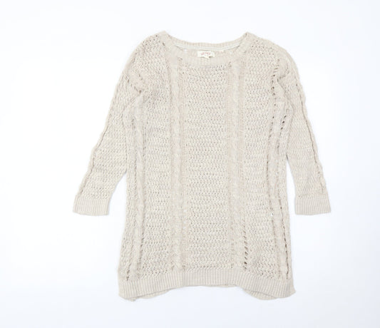 Fat Face Womens Beige Size 10 Crew Neck Open-Knit Jumper