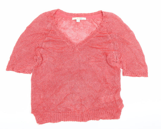 Boden Women Pink Linen Knit Blouse Size 10 V-Neck Short Sleeve