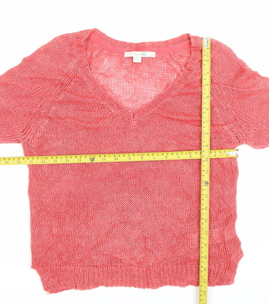 Boden Women Pink Linen Knit Blouse Size 10 V-Neck Short Sleeve