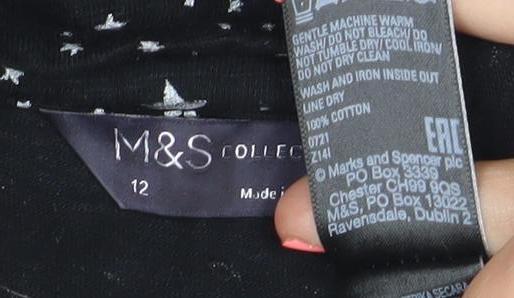 Marks and Spencer Womens Black Star Print Blouse Size 12 Long Sleeve