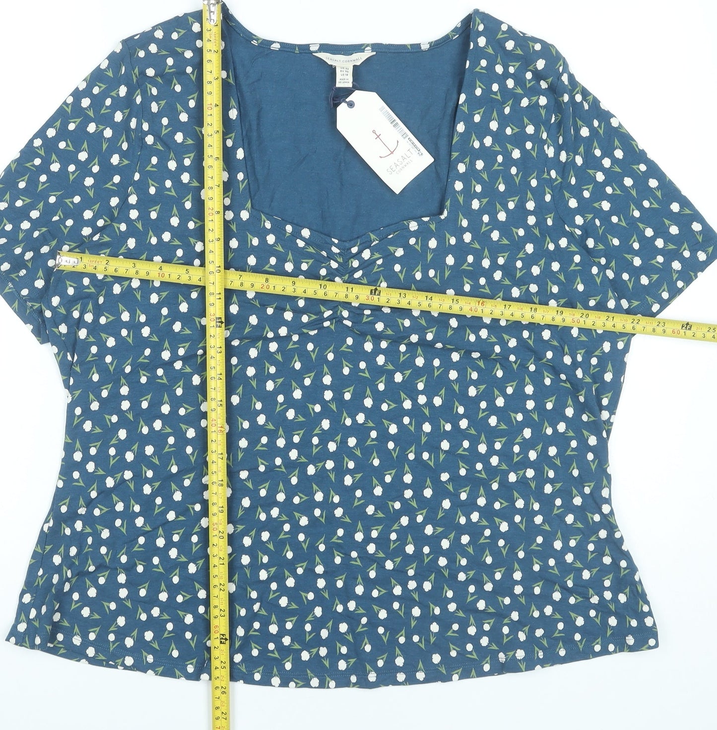 Seasalt Cornwall Womens Blue Floral T-Shirt UK 22 Plus Short Sleeve