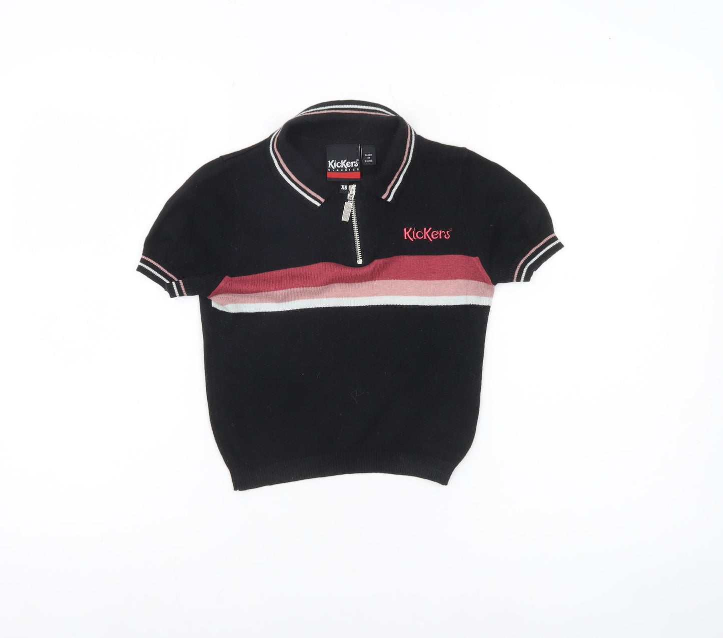 Kickers Womens XS Black Polo Shirt Zip Collar Striped Casual Top