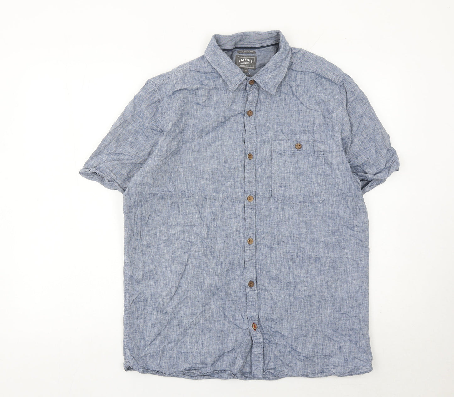 FatFace Men’s Blue Chambray Linen Cotton Short Sleeve Shirt M
