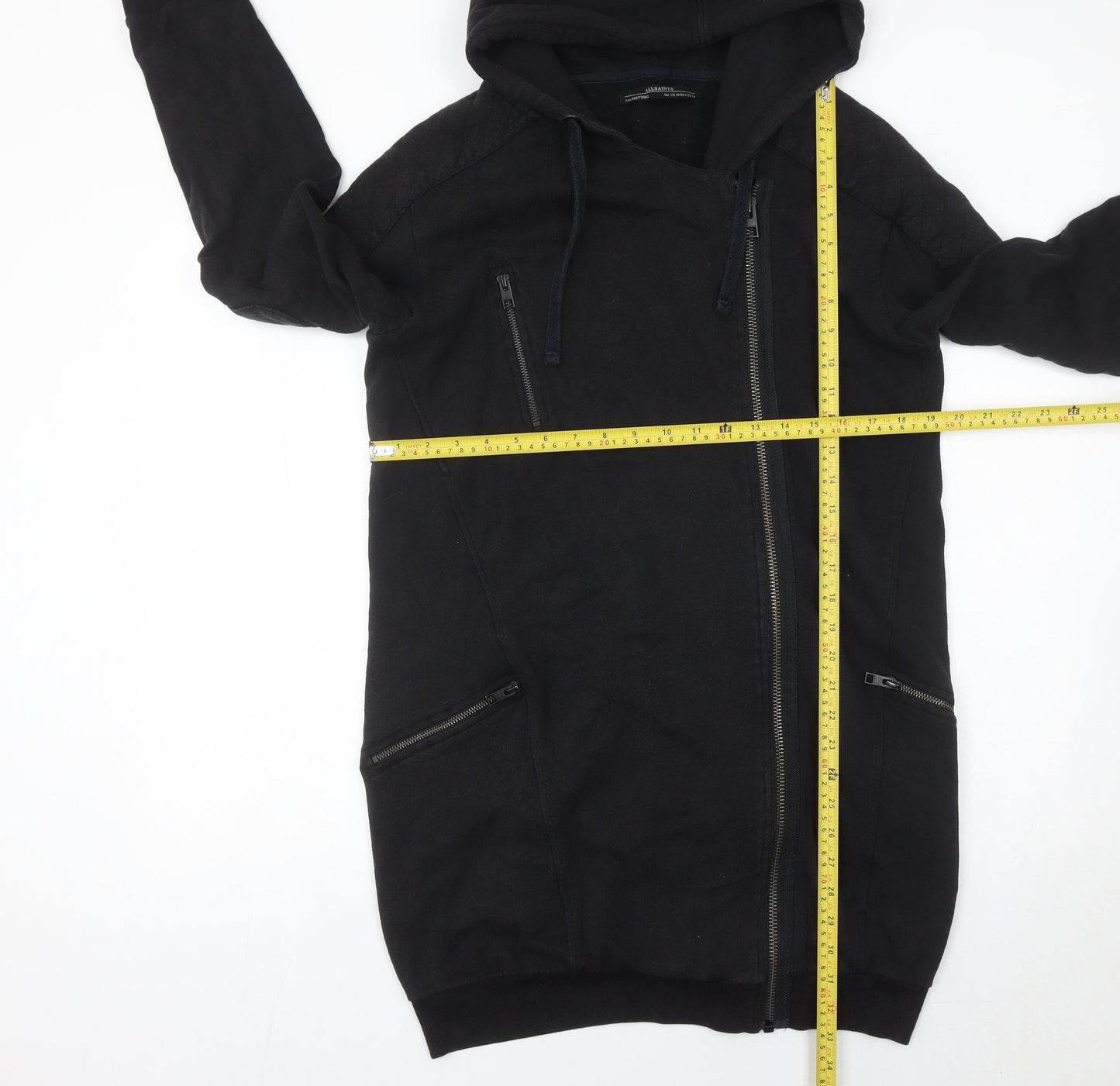 AllSaints Womens Black Full Zip Hoodie UK 10 Cotton Modal Quilted Detail