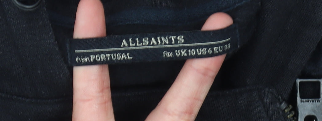 AllSaints Womens Black Full Zip Hoodie UK 10 Cotton Modal Quilted Detail