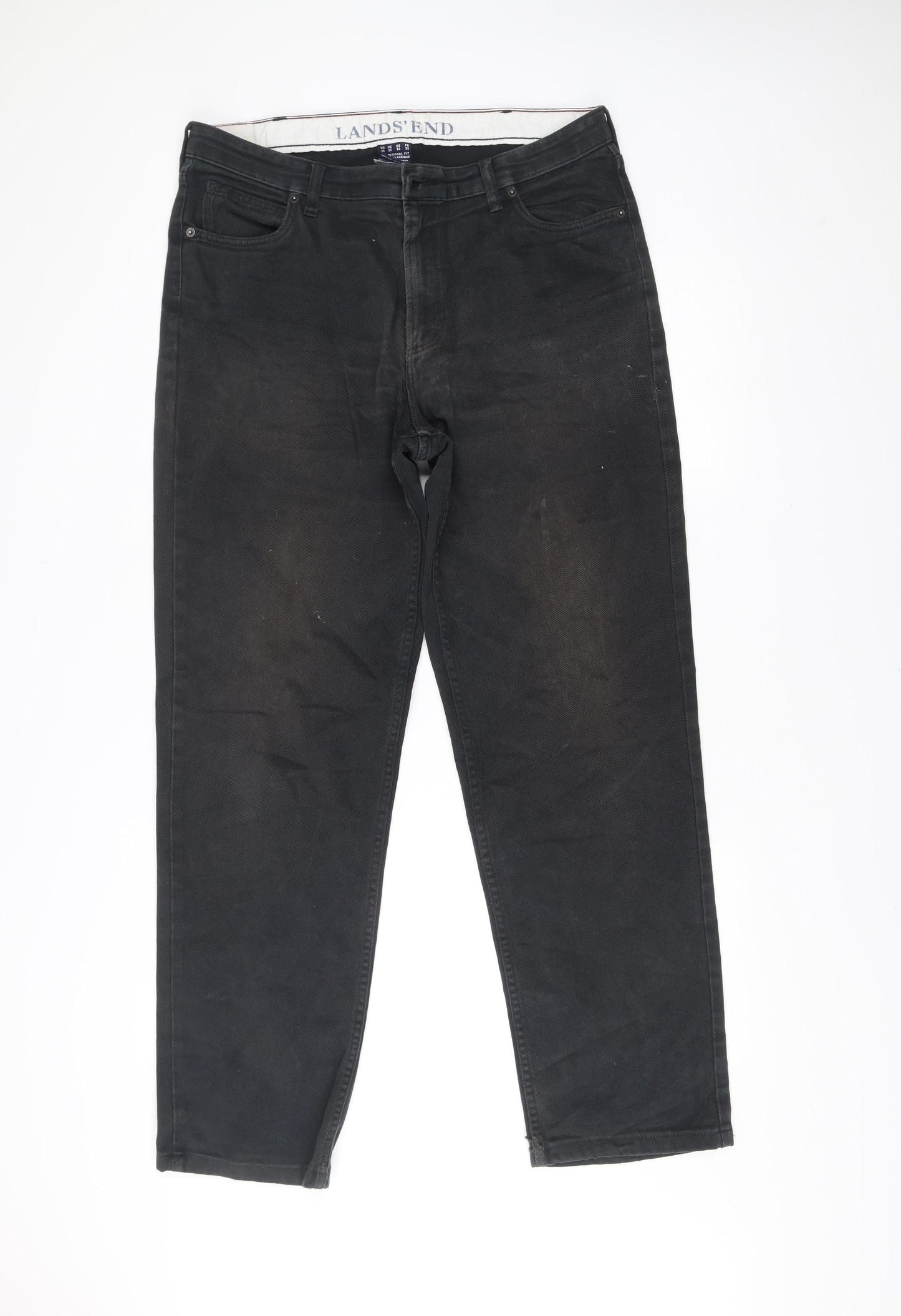 Lands' End Men’s Black Chino Trousers Size 35 Straight Fit Cotton