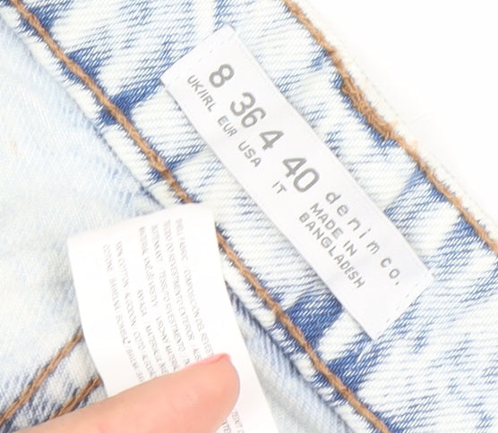 Brand and care label for Denim Co. women’s blue, size UK 8, high rise cut off denim shorts