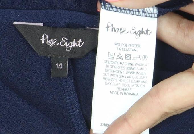 Brand and care label for Frank Usher Women’s Blue, size UK 14, Sheath Knee Length Jersey Dress