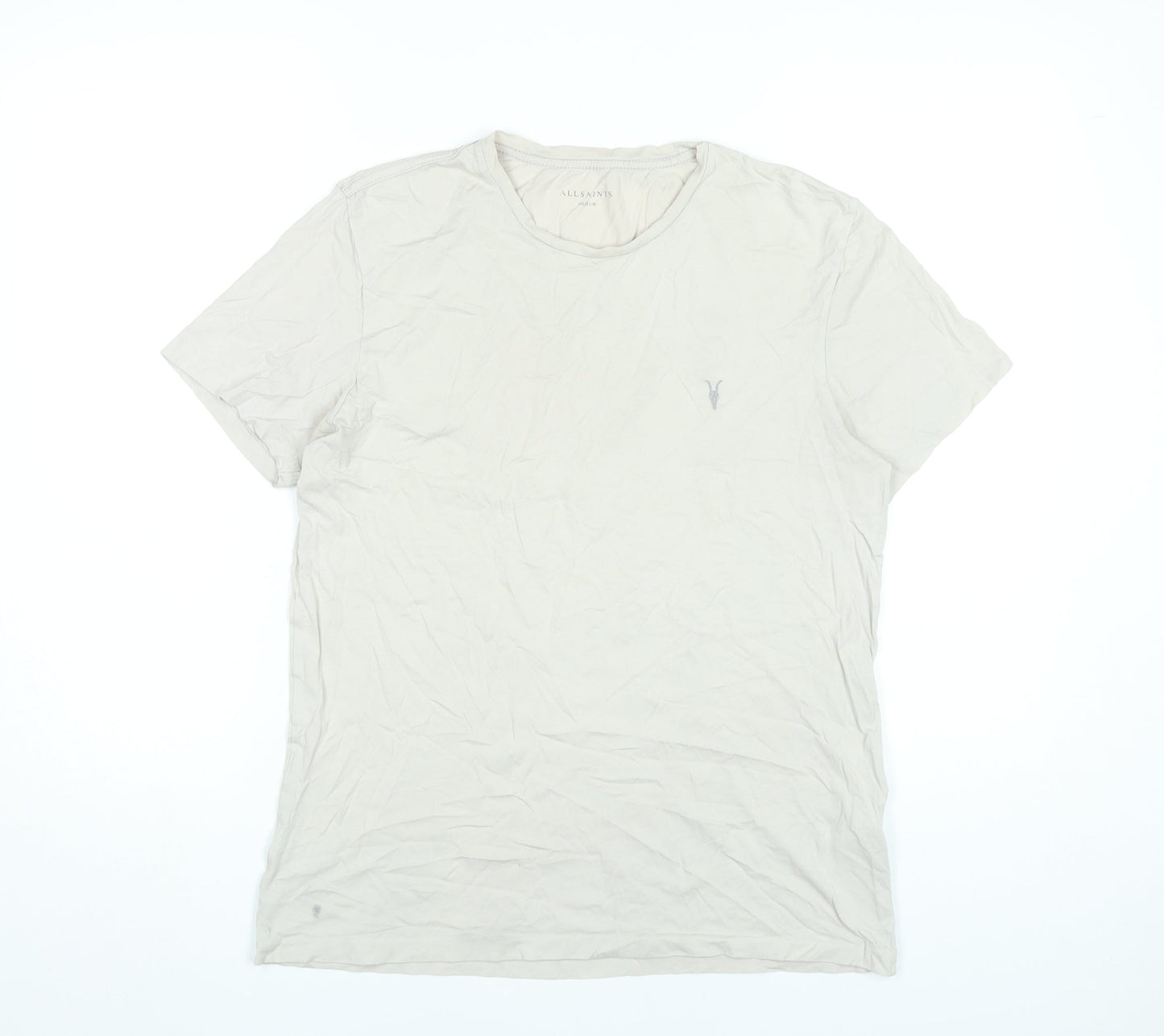 AllSaints Men’s Beige Cotton Slim Fit Crew Neck T-Shirt Size M