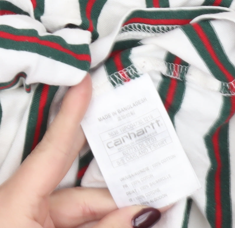 Carhartt Men’s L White Green Red Striped Crew Neck Cotton T-Shirt