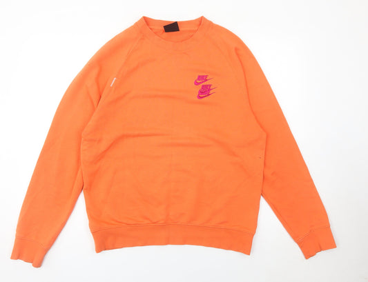 Nike Womens Orange Cotton Blend Sweatshirt L Logo Print Pullover