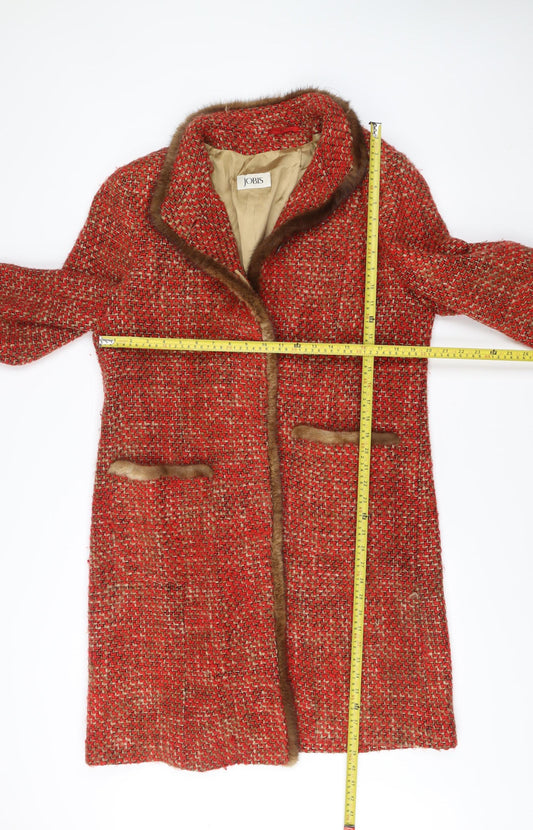 Jobis Womens Red Wool Blend Fur Trim Check Mid-Length Overcoat Size 14