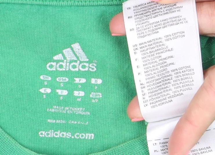 Brand and care label for Adidas Men’s Green Small Regular Fit Cotton Sports T-Shirt