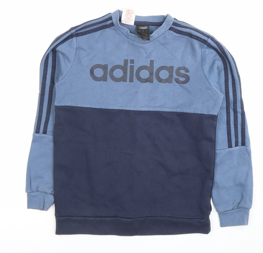 Adidas Boys Blue Pullover Sweatshirt 11-12 Years Logo Colourblock Cotton Blend