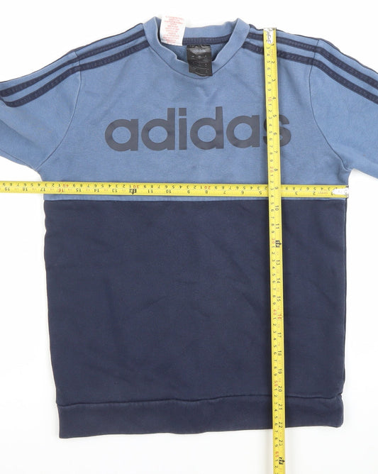 Adidas Boys Blue Pullover Sweatshirt 11-12 Years Logo Colourblock Cotton Blend