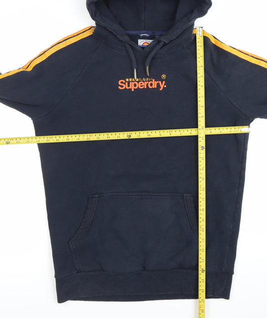 Superdry Men’s Blue Pullover Hoodie M Logo Striped Sleeve Casual