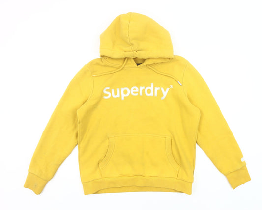 Superdry Womens Yellow Hoodie UK 16 Pullover Logo Print Casual