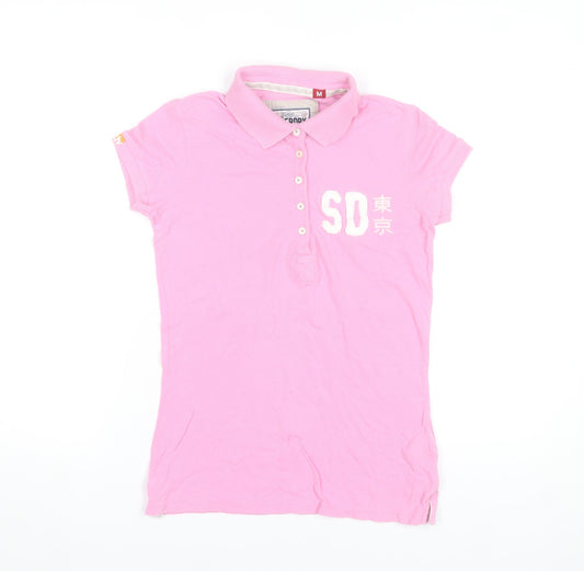 Superdry Womens Pink Polo Shirt M Slim Fit Embroidered Casual
