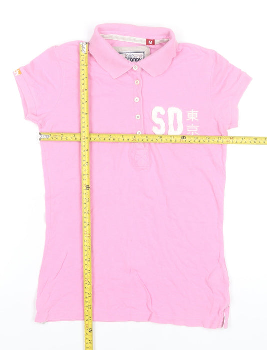 Superdry Womens Pink Polo Shirt M Slim Fit Embroidered Casual