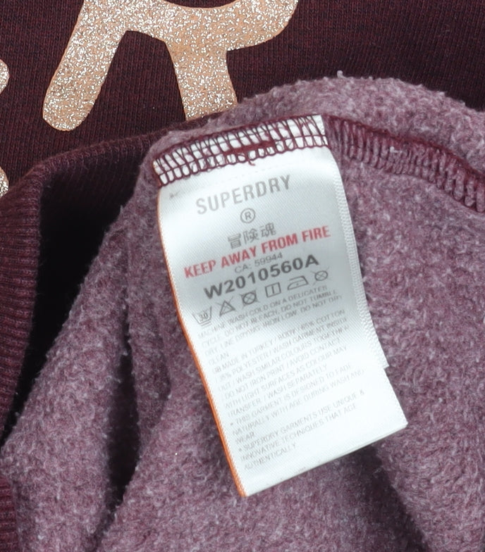 Superdry Womens Red Hoodie Size 6 Pullover Logo Glitter Hooded Sweatshirt