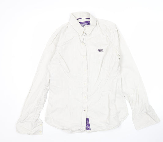Superdry Women’s White Striped Button-Up Shirt Size M Long Sleeve Cotton