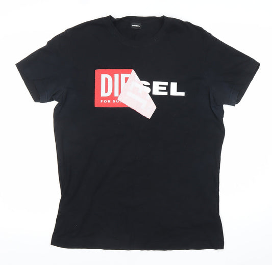 Diesel Mens Black T-Shirt L Graphic Logo Crew Neck Cotton