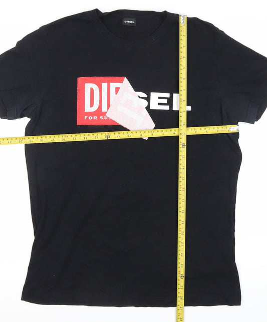 Diesel Mens Black T-Shirt L Graphic Logo Crew Neck Cotton