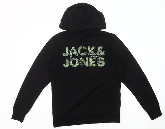 Jack & Jones Men’s Black Pullover Hoodie M Logo Graphic Cotton Blend