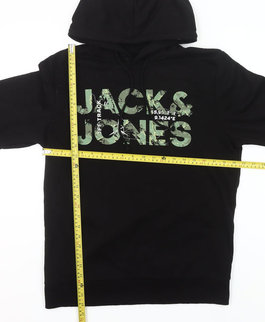 Jack & Jones Men’s Black Pullover Hoodie M Logo Graphic Cotton Blend