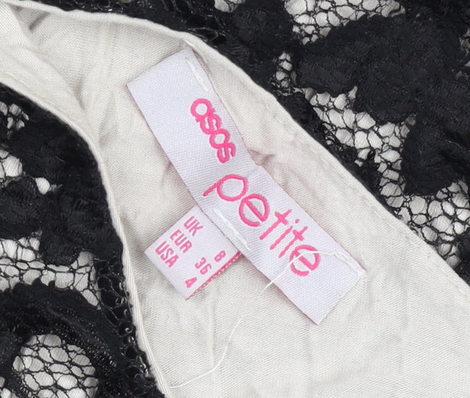 Brand and care label for ASOS Petite Women’s Black Lace One Shoulder Bodycon Mini Dress, size UK 8