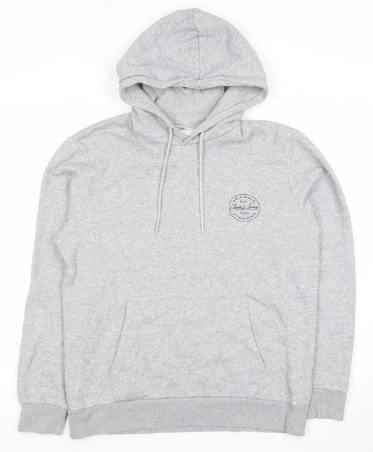 Jack & Jones Men's Grey Pullover Hoodie L Logo Print Cotton Blend