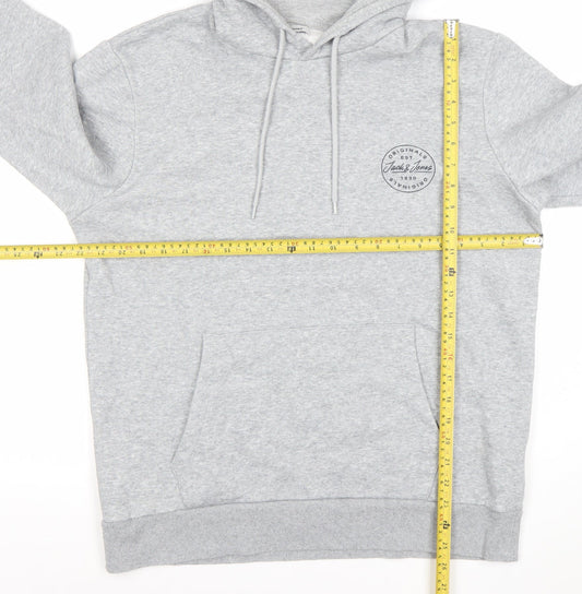 Jack & Jones Men's Grey Pullover Hoodie L Logo Print Cotton Blend