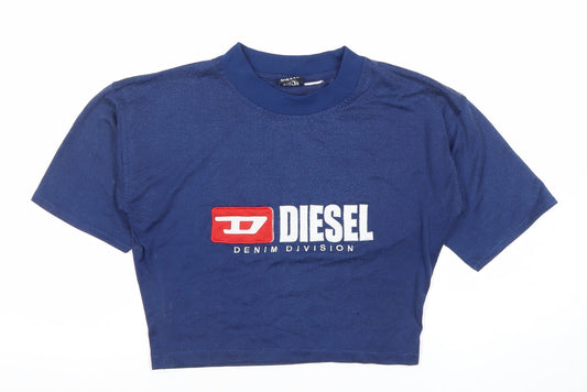 Diesel Womens Blue Cropped T-Shirt Size S Retro Logo