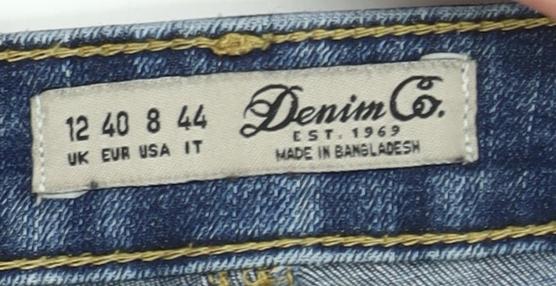 Brand and care label for Denim Co. women’s blue, size UK 12, skinny distressed jeans