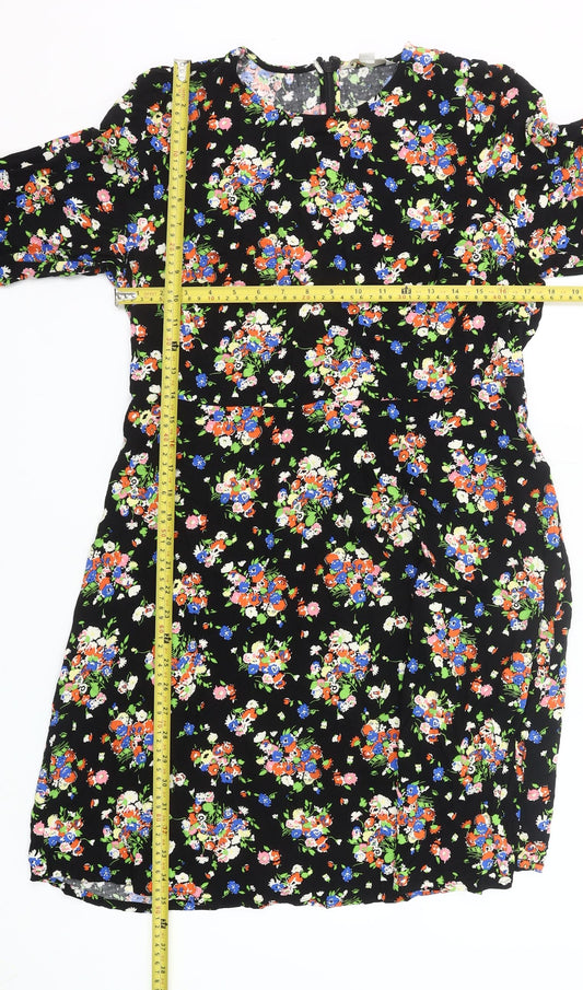 Boden Women’s Black Floral Shift Dress Size 16 Long Sleeve Knee Length