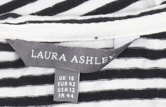 Laura Ashley Women’s Black White Striped Long Sleeve Henley T-Shirt UK 16